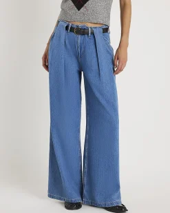 Blue Belted Wide Leg Pleated Jeans