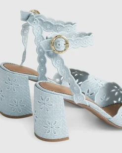 Blue Broderie Block Heel Sandals