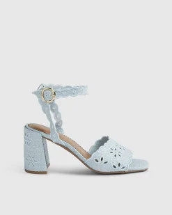 Blue Broderie Block Heel Sandals