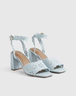 Blue Broderie Block Heel Sandals