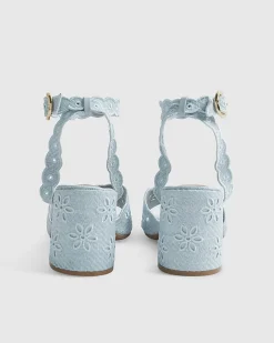 Blue Broderie Block Heel Sandals