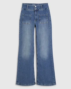 Blue Button Detail Pocket Front Flared Jeans