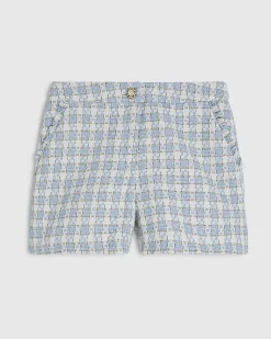 Blue Check Fringe Hem Boucle Shorts
