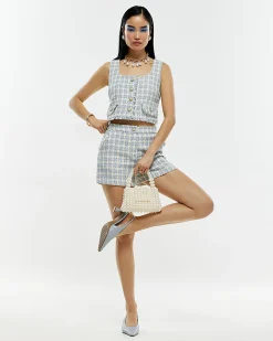 Blue Check Fringe Hem Boucle Waistcoat