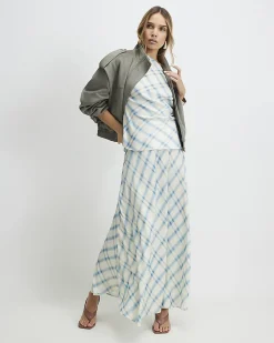 Blue Check Satin Maxi Skirt