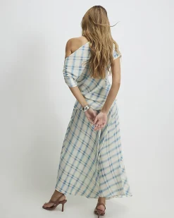 Blue Check Satin Maxi Skirt
