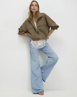 Blue Clean Waist Wide Leg Turn Down Hem Jeans