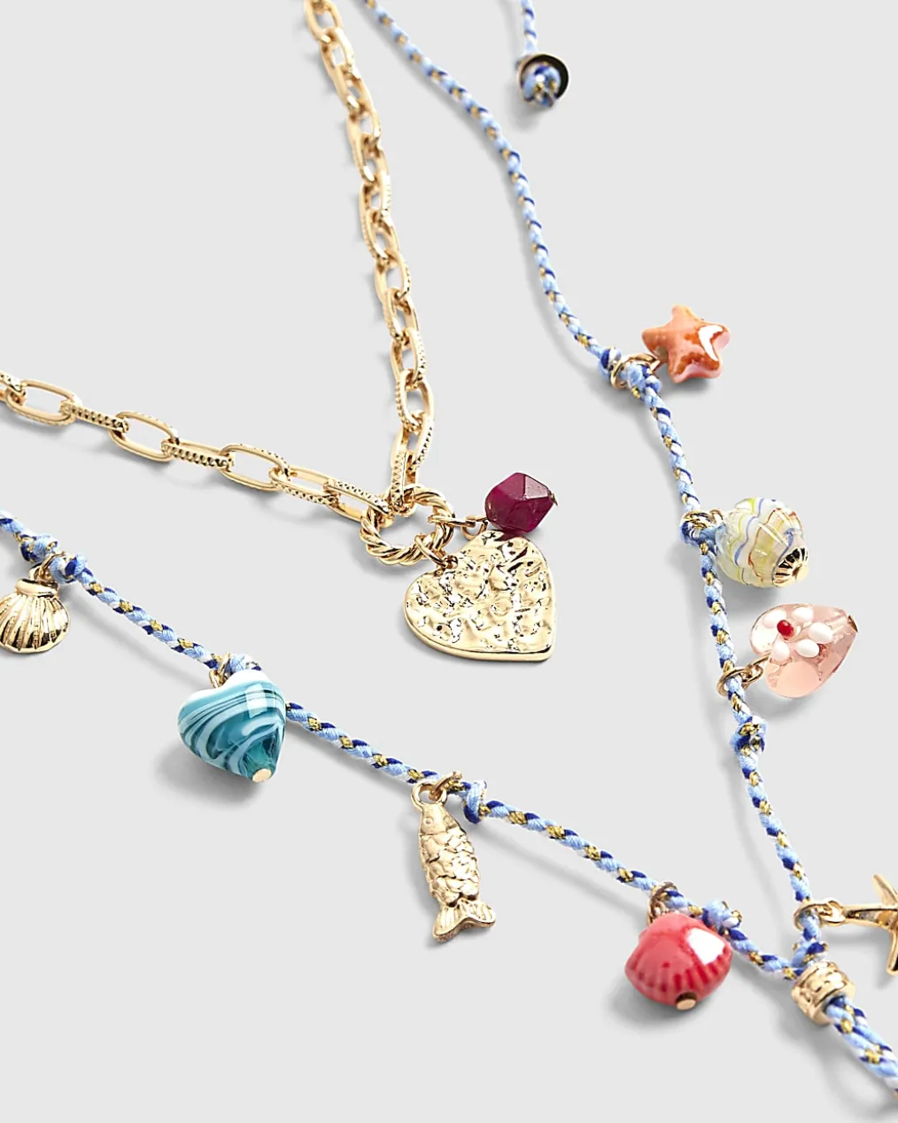 Blue Cord Charm Layered Necklace