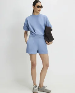 Blue Cotton Blend Bubble Sleeve Sweat T-shirt
