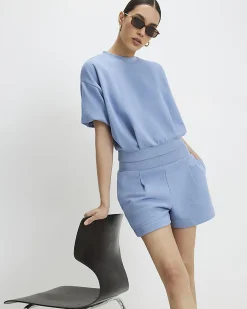 Blue Cotton Blend Bubble Sleeve Sweat T-shirt