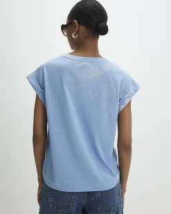 Blue Cotton Blend Burnout Pocket T-shirt