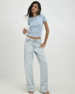 Blue Cotton Blend 3D Flower Trim Top