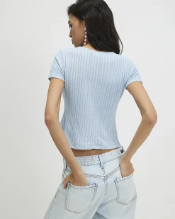 Blue Cotton Blend 3D Flower Trim Top