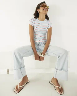 Blue Cotton Blend Fitted Striped T-Shirt