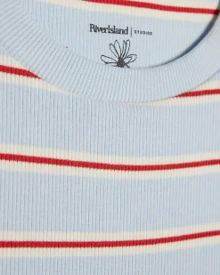 Blue Cotton Blend Fitted Striped T-Shirt