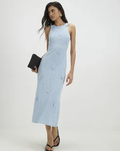 Blue Cotton Blend Flower Trim Midi Dress