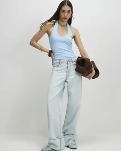 Blue Cotton Blend Halter Neck Tank Top
