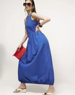 Blue Cotton Blend Hybrid Maxi Dress
