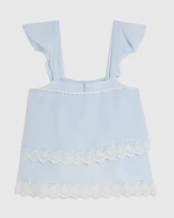 Blue Cotton blend Lace Trim Tiered Cami Top