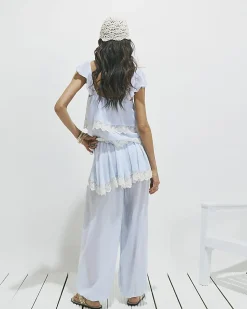Blue Cotton blend Lace Trim Tiered Cami Top