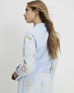 Blue Cotton Blend Scallop Edge Crochet Shirt