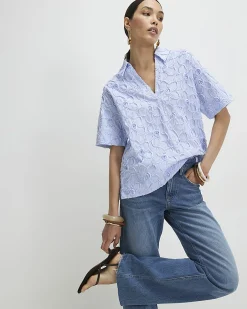 Blue Cotton Blend Striped Floral Polo Shirt