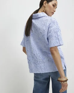 Blue Cotton Blend Striped Floral Polo Shirt