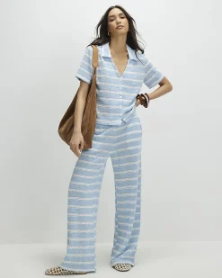 Blue Cotton Blend Striped crochet Shirt