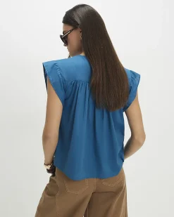 Blue Cotton blend Tie Neck Short Sleeve Top