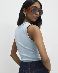 Blue Cotton Blend Wide Rib Tank Top