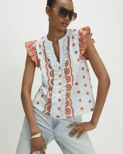 Blue Cotton Broderie Frill Sleeve Blouse