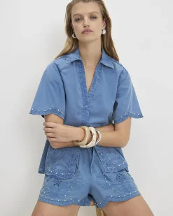 Blue Cotton Chambray Broderie Studded Shirt