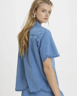 Blue Cotton Chambray Broderie Studded Shirt