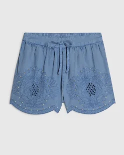 Blue Cotton Chambray Broderie Studded Shorts