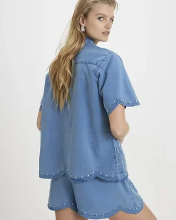 Blue Cotton Chambray Broderie Studded Shorts