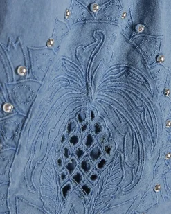Blue Cotton Chambray Broderie Studded Shorts