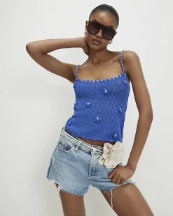 Blue Cotton Embellished Flower Knit Cami Top