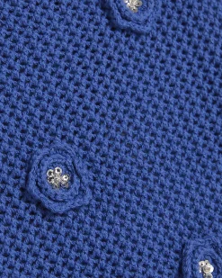 Blue Cotton Embellished Flower Knit Cami Top