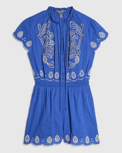 Blue Cotton Embroidered Playsuit