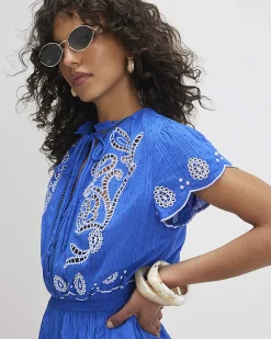 Blue Cotton Embroidered Playsuit
