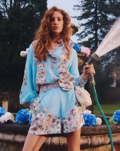 Blue Cotton Floral Boarder Print Blouse