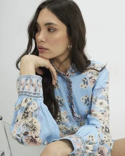 Blue Cotton Floral Boarder Print Blouse