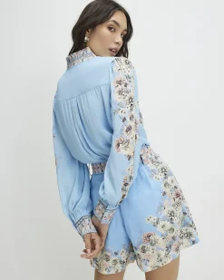 Blue Cotton Floral Boarder Print Blouse
