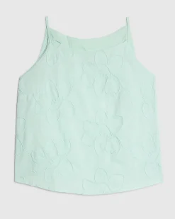 Blue Cotton Floral 3D Embroidered Tank Top