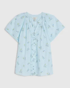 Blue Cotton Floral Frill Short Sleeve Blouse