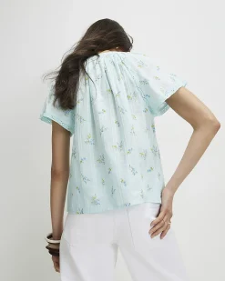 Blue Cotton Floral Frill Short Sleeve Blouse