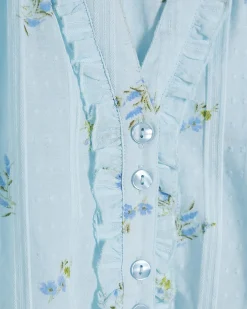 Blue Cotton Floral Frill Short Sleeve Blouse