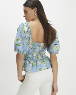 Blue Cotton Floral Print Puff Sleeve Top