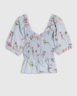 Blue Cotton Floral Puff Sleeve Shirred Top