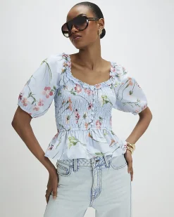 Blue Cotton Floral Puff Sleeve Shirred Top